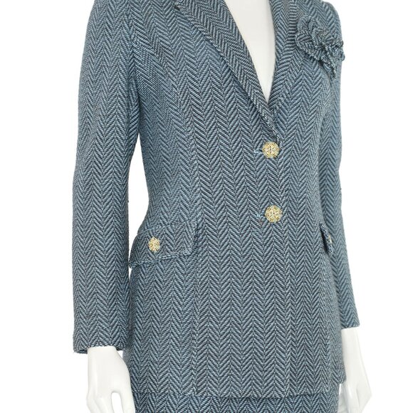 St. John Collection 2Pc Herringbone Jacket & Skirt Suit in Light Blue/Charcoal - Picture 8 of 13